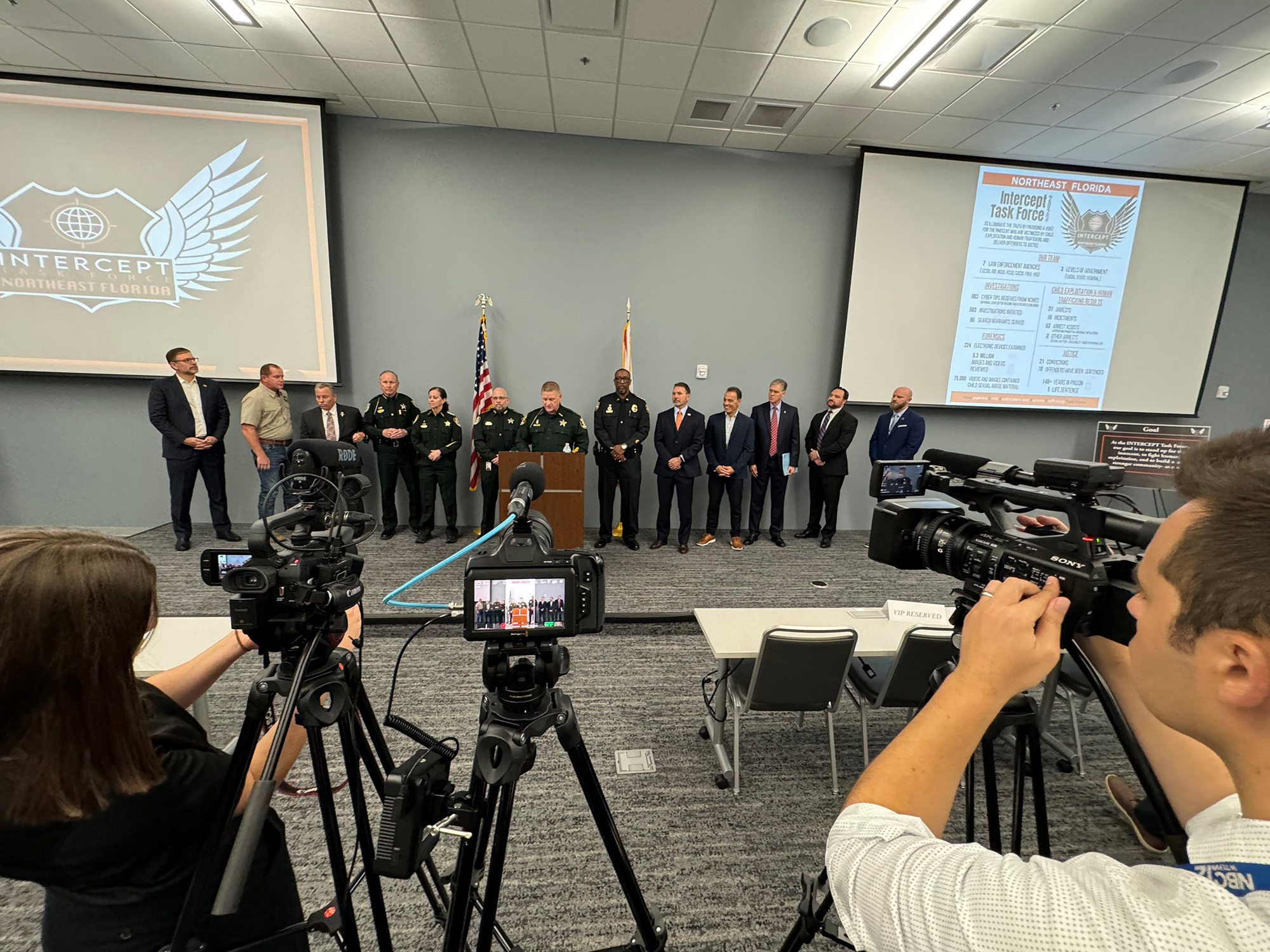 Northeast Florida law enforcement leaders announced the results of the first year of the Northeast Florida Inter-Agency Child Exploitation and Persons Trafficking Task Force (NEFL INTERCEPT) during a joint press conference March 27, 2024, in St. John’s County, Florida.