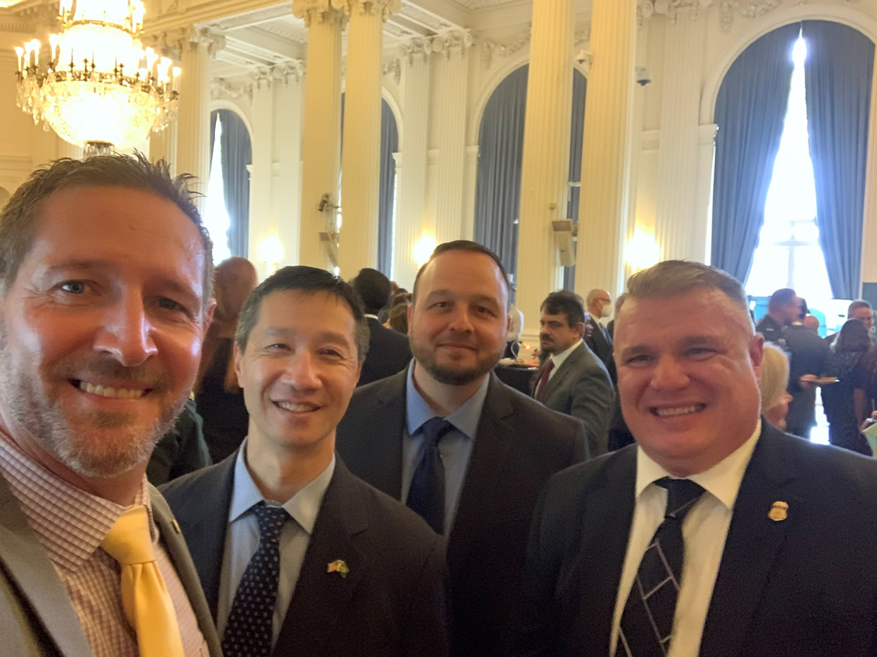 (From left to right): ERO Washington, D.C. FOD Russ Hott; Deputy Assistant Director Corey Katz; Deputy Assistant Director Chris George; and Washington, D.C. Acting DFOD Patrick Divver gather at the Hall of the Americas on Sept. 6, 2022, to celebrate the 200th anniversary of Brazilian Independence.