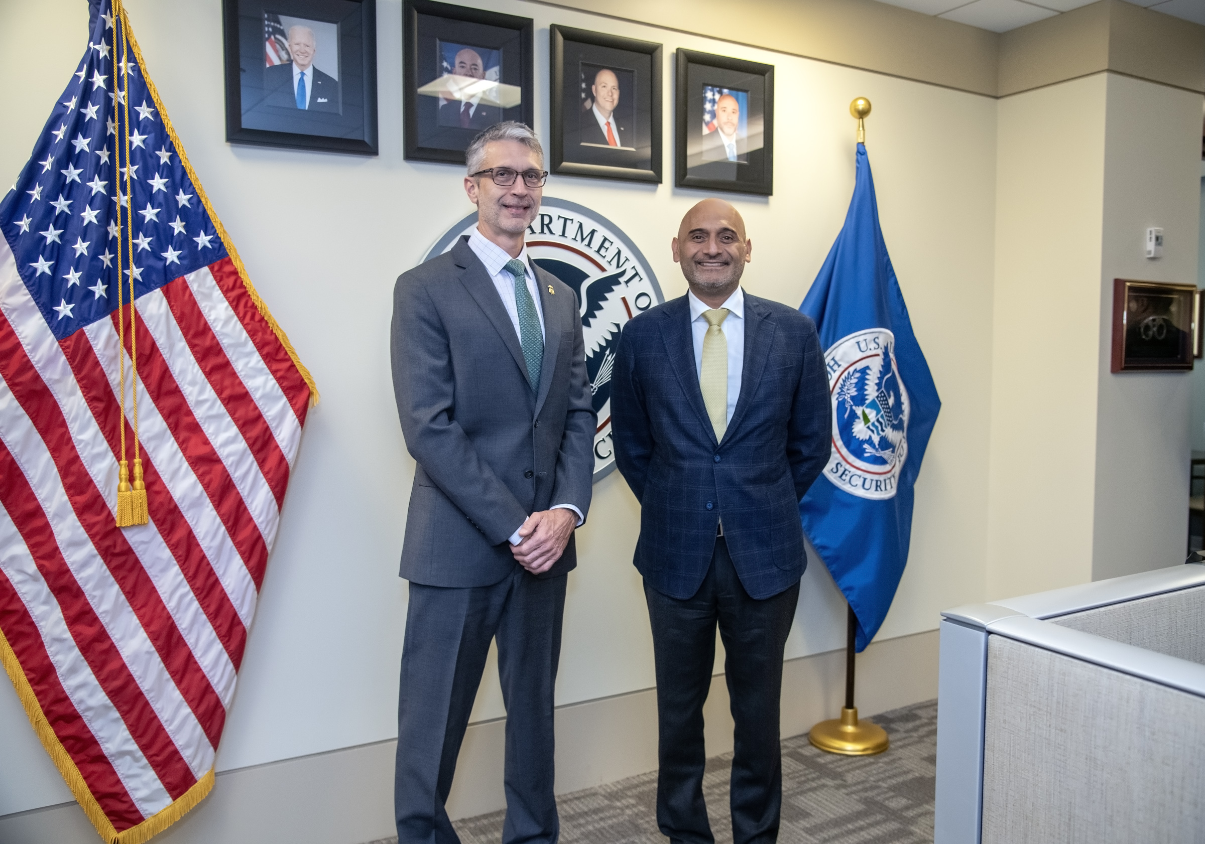 U.S. Immigration and Customs Enforcement’s Enforcement and Removal Operations acting Deputy Executive Associate Director Peter Berg, poses with Director General of Immigration Enforcement, U.K. Home Affairs, Basit Javid, at ICE Headquarters in Washington D.C.