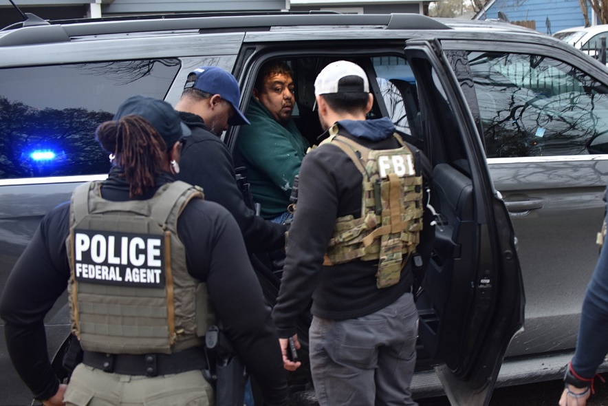 ICE’s federal law enforcement officers take Jorge Carvajal Castrejon, 36, into custody in Houston Jan. 28 during an enhanced immigration enforcement operation with partners from the FBI and other agencies. Carvajal illegally entered the U.S. six times and was previously convicted of DWI.