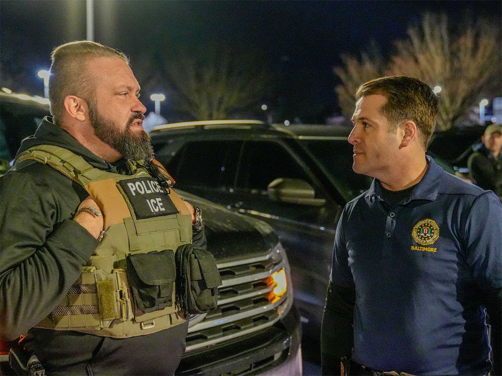 U.S. Immigration and Customs Enforcement Field Office Director Matt Elliston and FBI Special Agent in Charge William Del Bagno coordinate ahead of an enhanced enforcement operation in Baltimore Feb. 5. The operation targeted MS-13 gang members in Maryland.