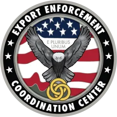 The Export Enforcement Coordination Center logo features an eagle holding three rings in its talons on a flag background with the wording E Pluribus Unum.