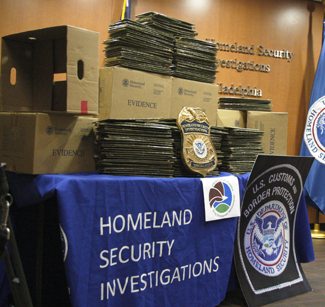 HSI Philadelphia displayed 363 pounds of cocaine that was pressed and sealed then smuggled in pumpkin and squash shipments from Costa Rica. DEA agents, HSI and CBP intercepted the stash on Thursday.