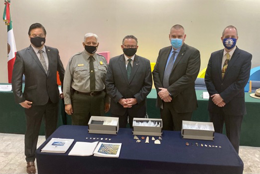 (Left to right): Paul J. Jarrett, program manager for HSI Cultural Property, Art & Antiquities; F. Gus Sánchez, superintendent of Chamizal National Memorial; Mauricio Ibarra Ponce de León, Mexican consul general in El Paso, Texas; Erik P. Breitzke, special agent in charge of HSI El Paso; and Eric S. Cohen, consul general of the United States in Cd. Juarez, Mexico.